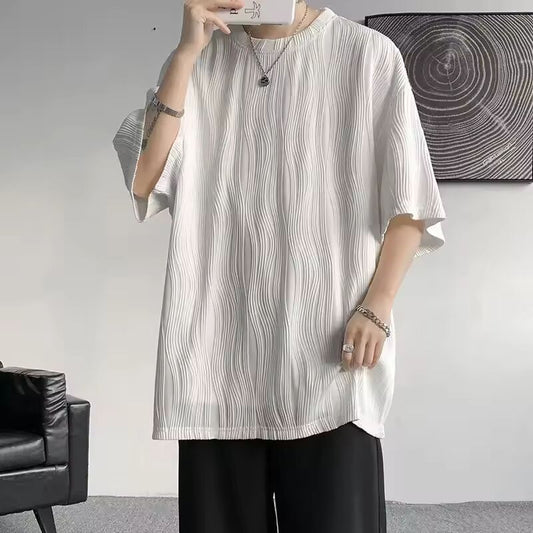 Oversized Men's T-shirt Wavy Pattern Cotton Plain Black Hong Kong Style Tops Cool Vintage Clothing Aesthetic Male Tees Shirts