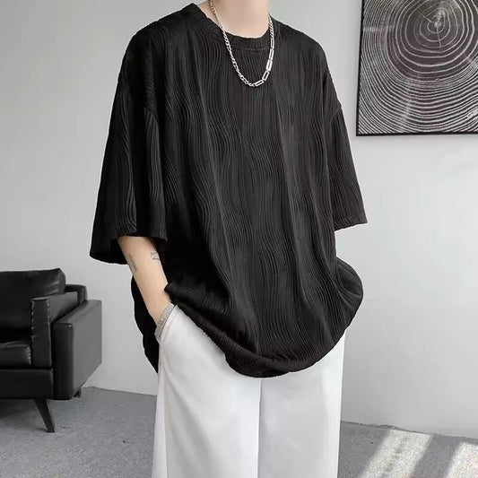 Oversized Men's T-shirt Wavy Pattern Cotton Plain Black Hong Kong Style Tops Cool Vintage Clothing Aesthetic Male Tees Shirts