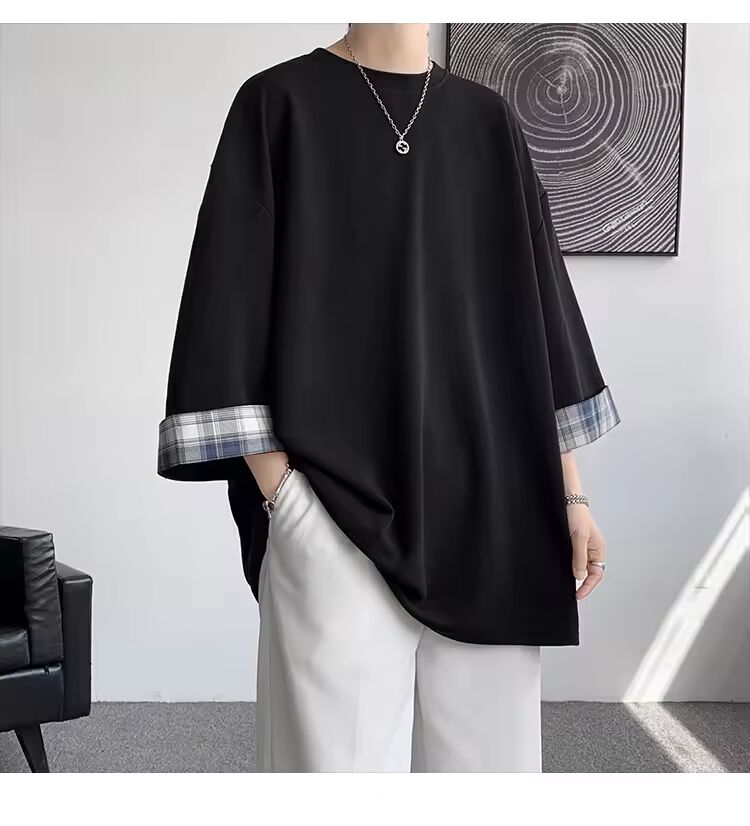 men t shirts Summer Men's T-shirts Women Oversized 2XL Korean Style Loose Plaid T-shirt Casual Seven sleeves T-Shirt Male White